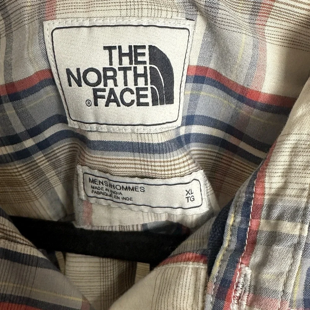 The‎ North Face Men's XL Plaid Button Up Shirt Short Sleeve Beige Navy